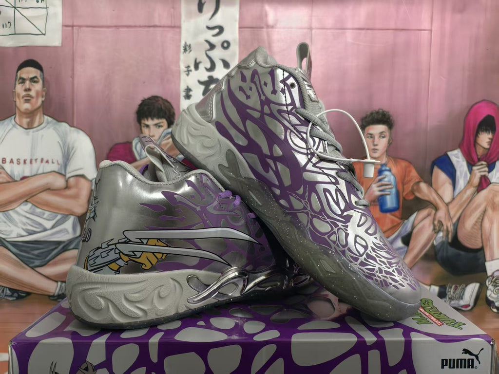 Puma Melo Basketball Sneakers Bright Gray and Purple