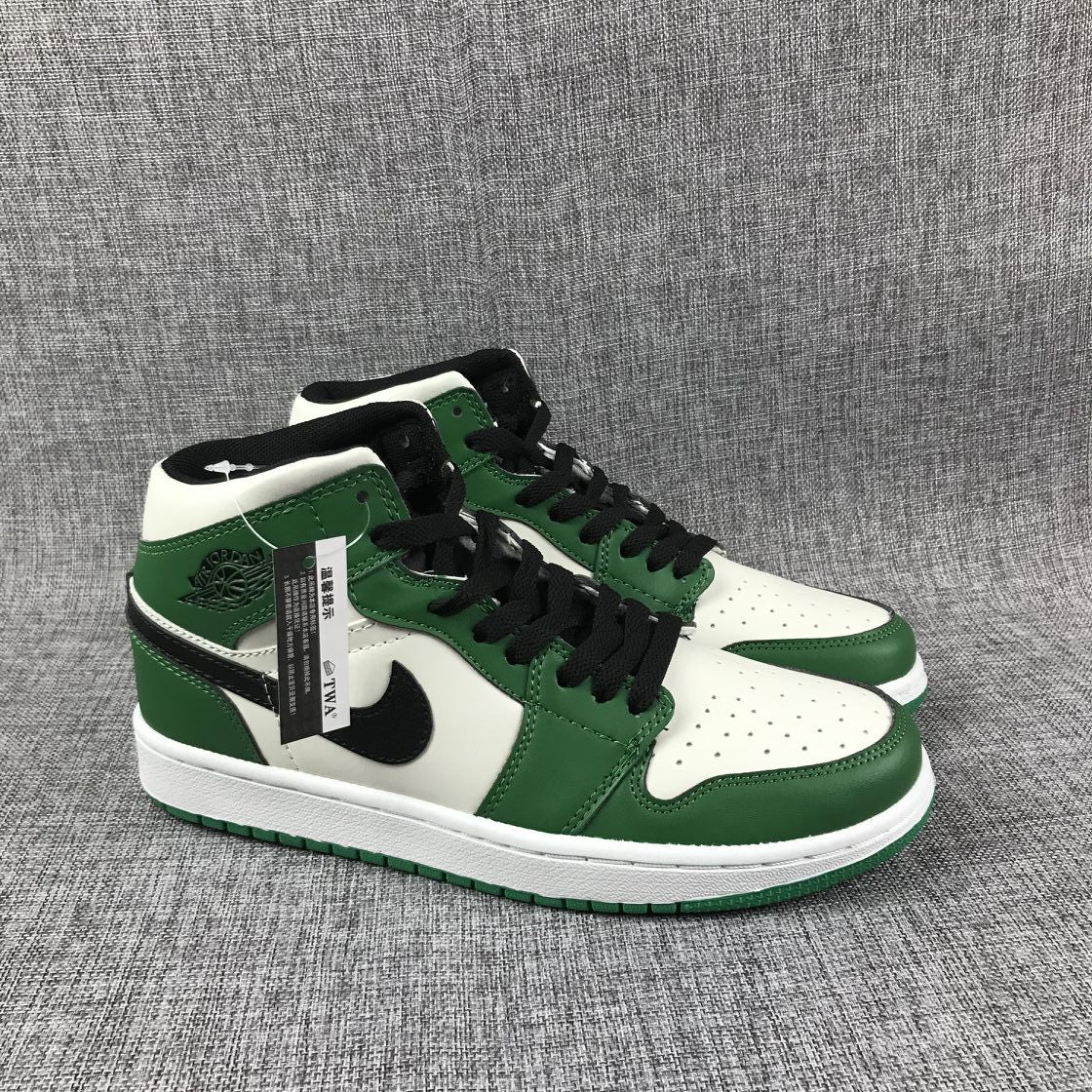 Jordan 1 Mid White Green Black Sneakers 852542-301