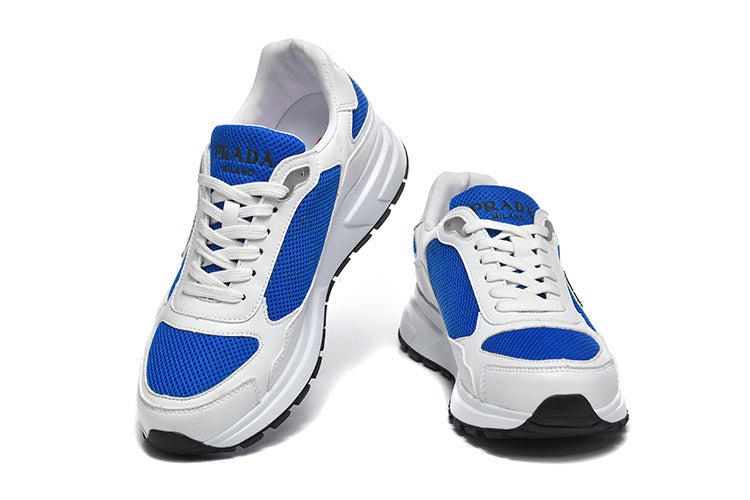 Prada White and Blue Low-Top Lace-Up Sneakers