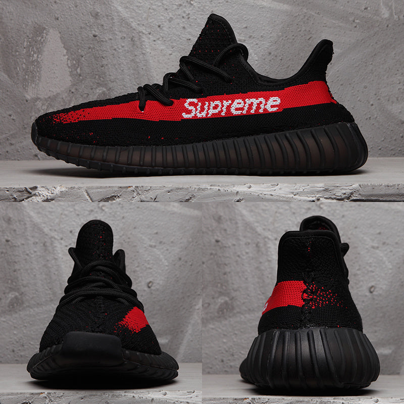 Yeezy 350 V2 Black Red Knit Sneakers with Supreme Detail