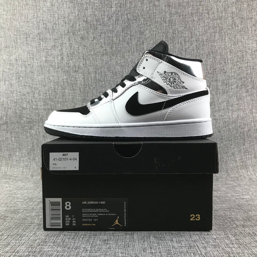 Jordan Air Jordan 1 Mid White Black Metallic Silver Sneakers