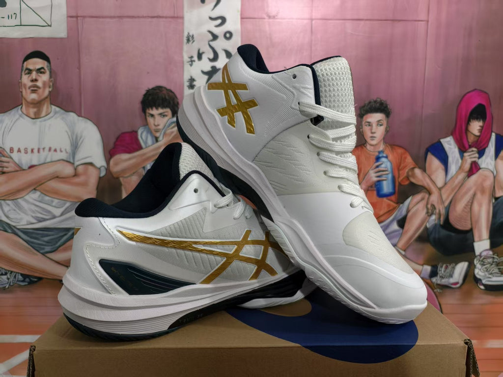 ASICS White and Gold Basketball Sneakers