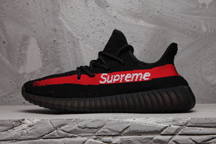 Yeezy 350 V2 Black Red Knit Sneakers with Supreme Detail