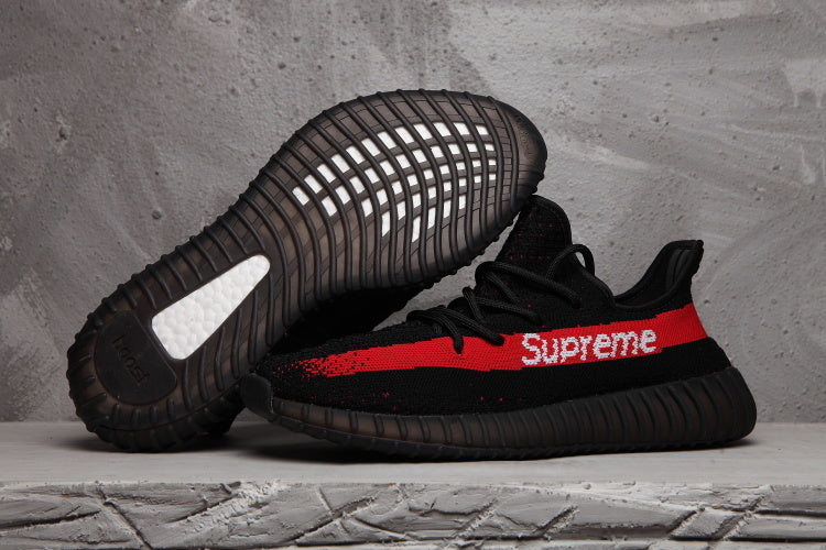 Yeezy 350 V2 Black Red Knit Sneakers with Supreme Detail
