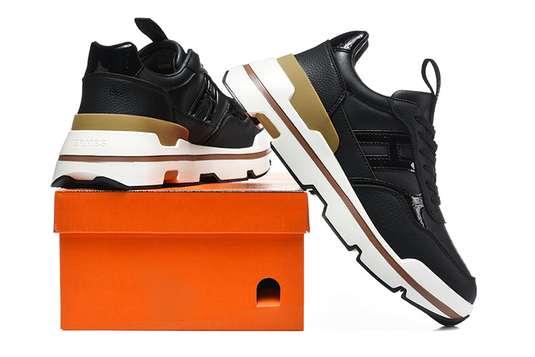 Hermès Black and White Leather-Style Lace-Up Sneakers