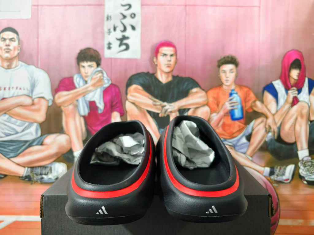 Adidas Black and Red Slip-On Clogs