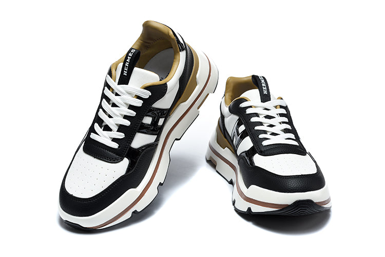 Hermès Black and White Low-Top Sneakers with Brown Trim