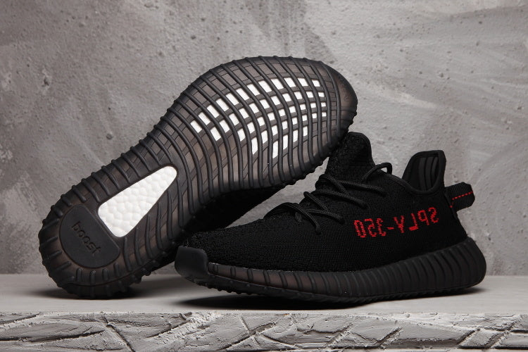 Yeezy 350 V2 Black Sneakers with Red Detail