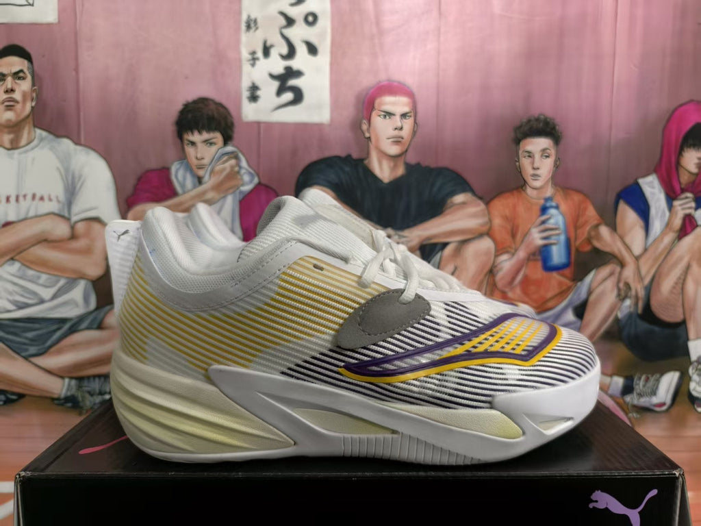 PUMA All-Pro Basketball Shoes in White, Purple and Gold