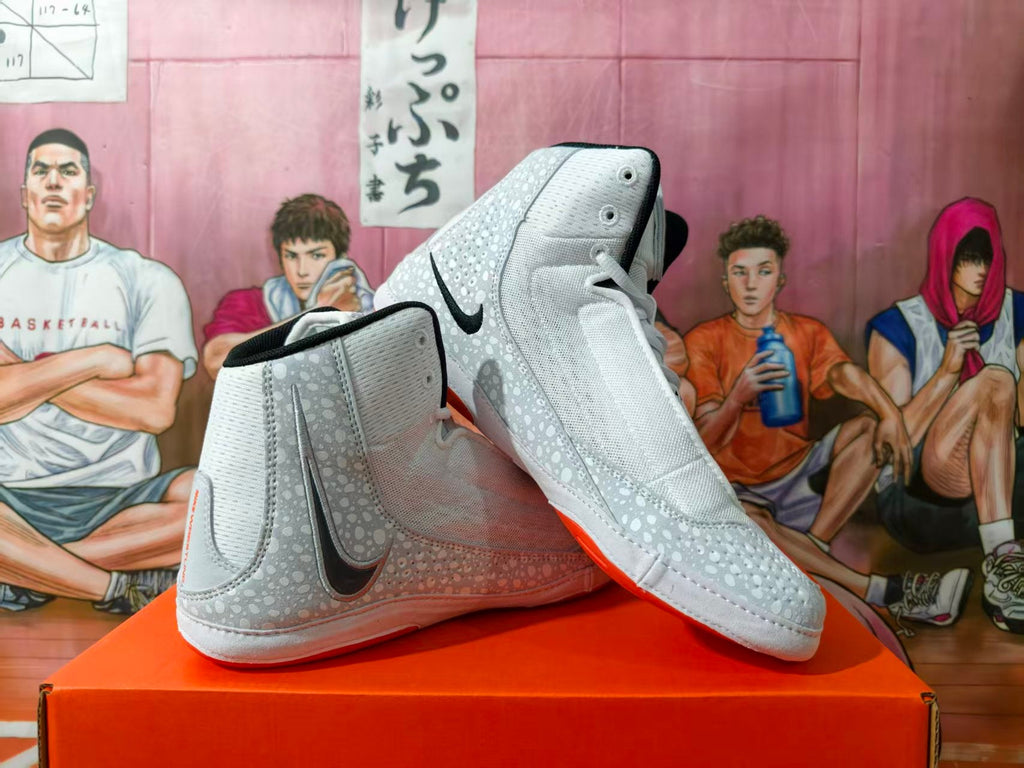 Nike Wrestling Shoes, White and Gray with Orange Accents