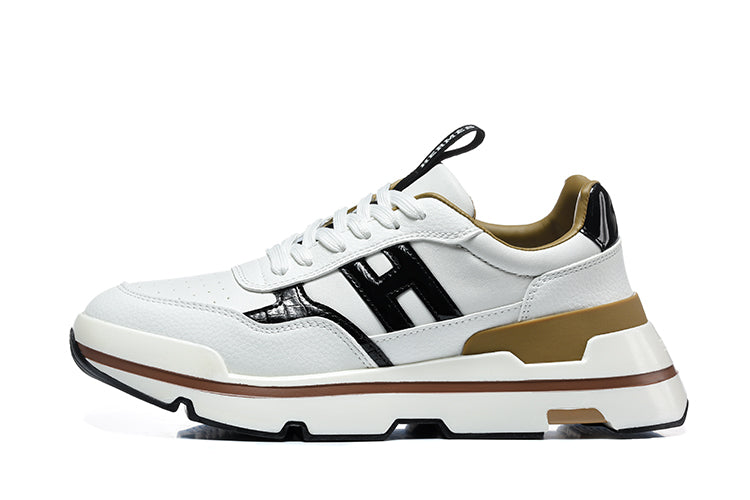 Hermès White and Black Low-Top Sneakers with Brown Trim