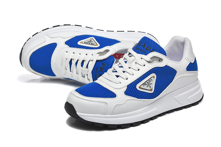 Prada White and Blue Low-Top Lace-Up Sneakers