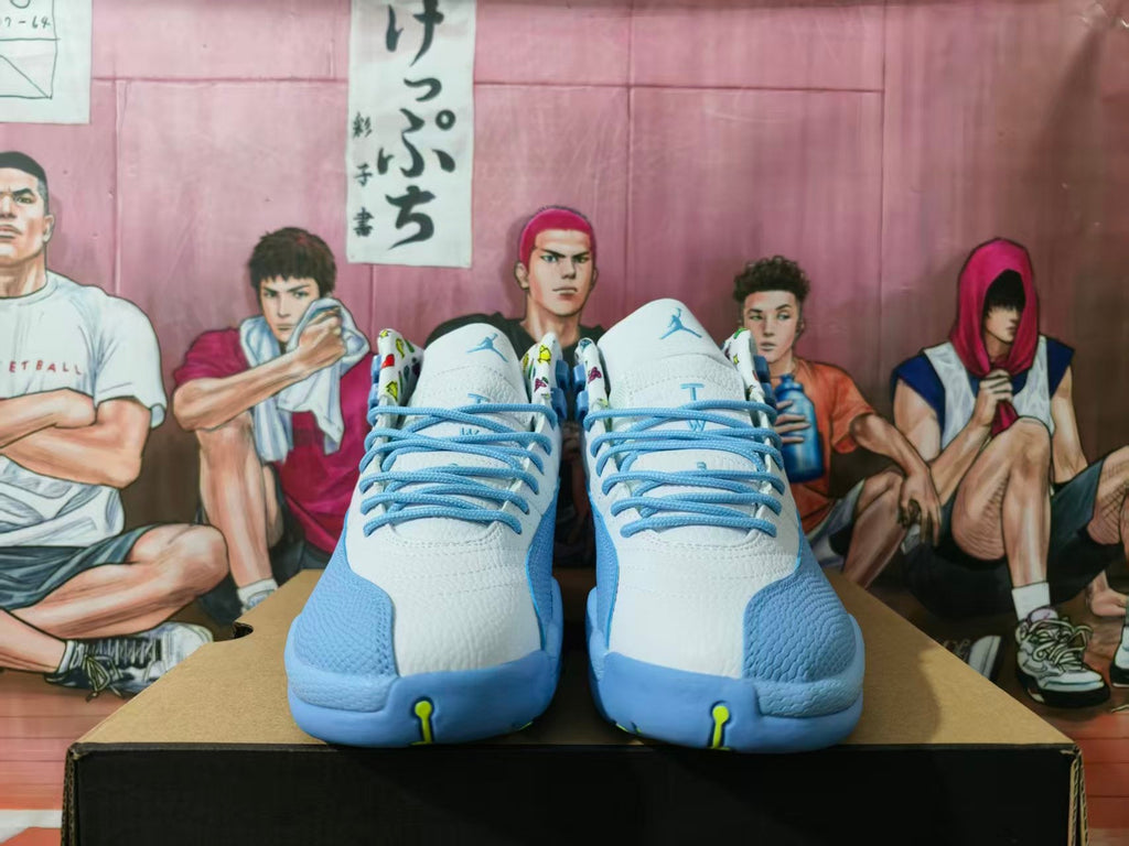 Jordan 12 Retro White and Blue Basketball Sneakers