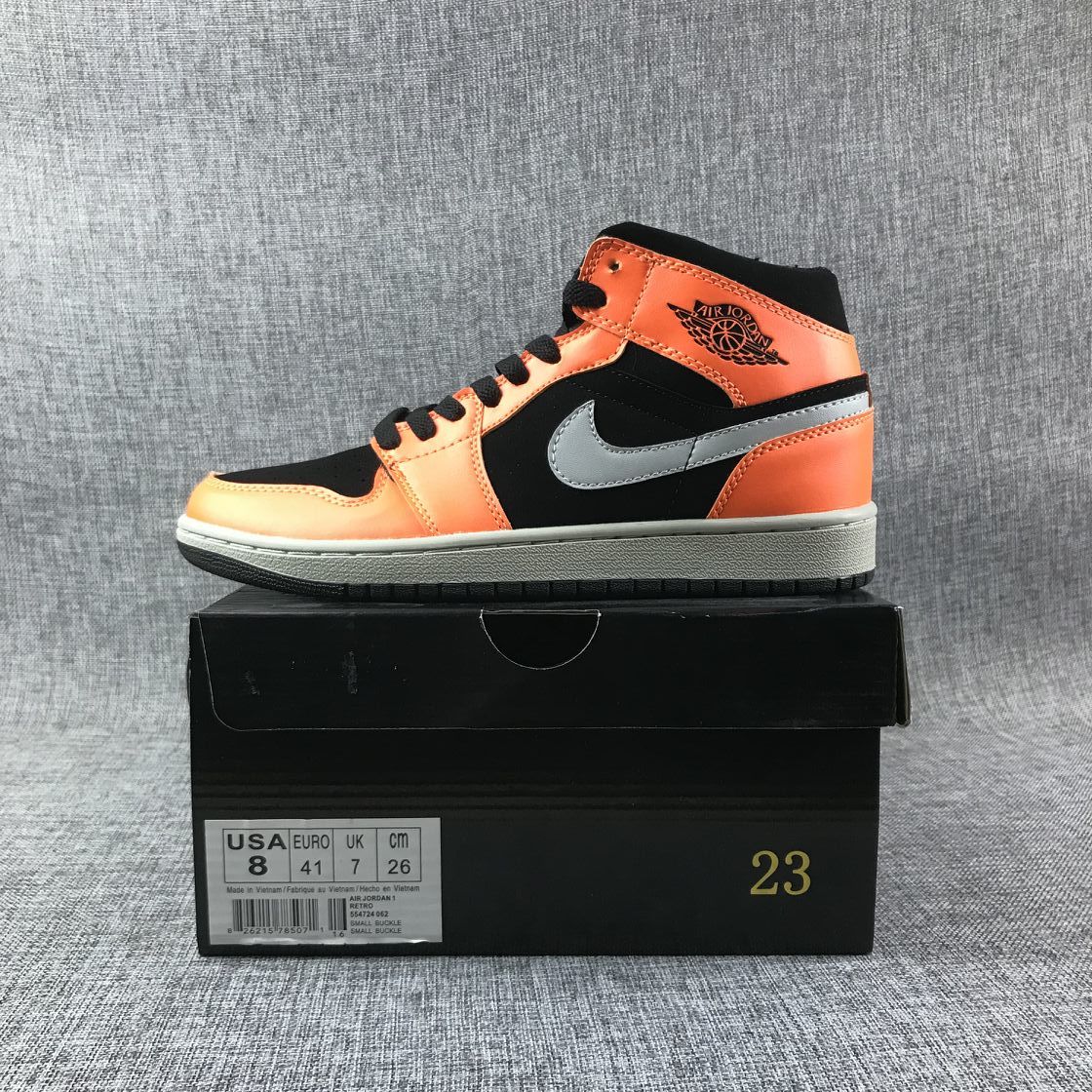 Air Jordan 1 Mid Sneakers in Black, Orange and Grey 554724-062