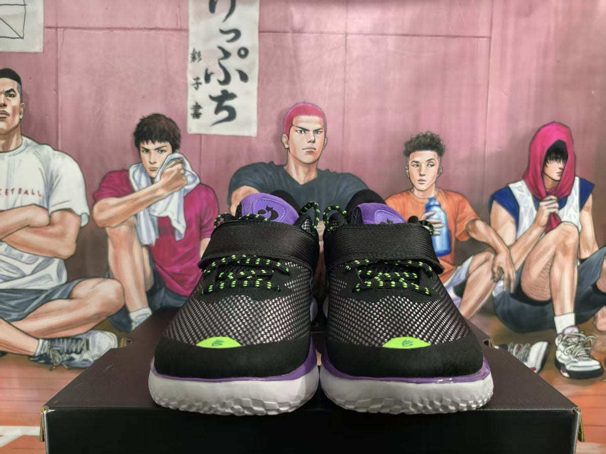 Black Purple Basketball Sneakers with Green Accents