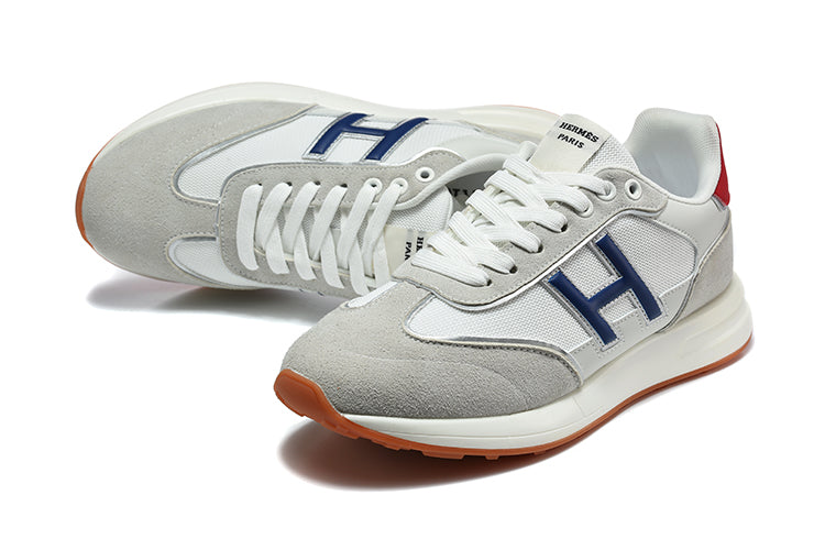 Hermès Grey and White Low-Top Sneakers with Blue Accents