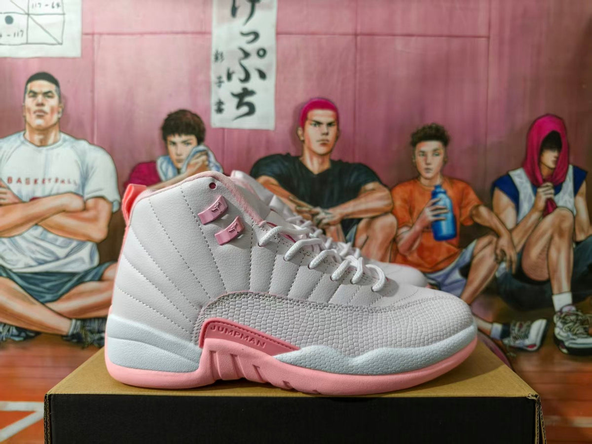 Jordan 12 Retro White and Pink High-Top Sneakers