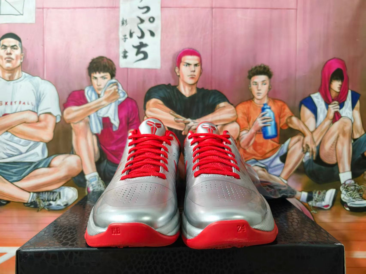 Nike Zoom Kobe 5 Silver and Red Basketball Shoes