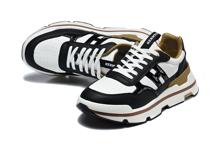 Hermès Black and White Low-Top Sneakers with Brown Trim