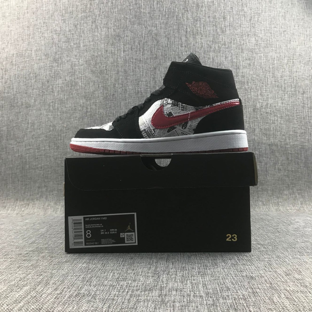 Jordan Air Jordan 1 Mid Black Red Newspaper Print 852542-061