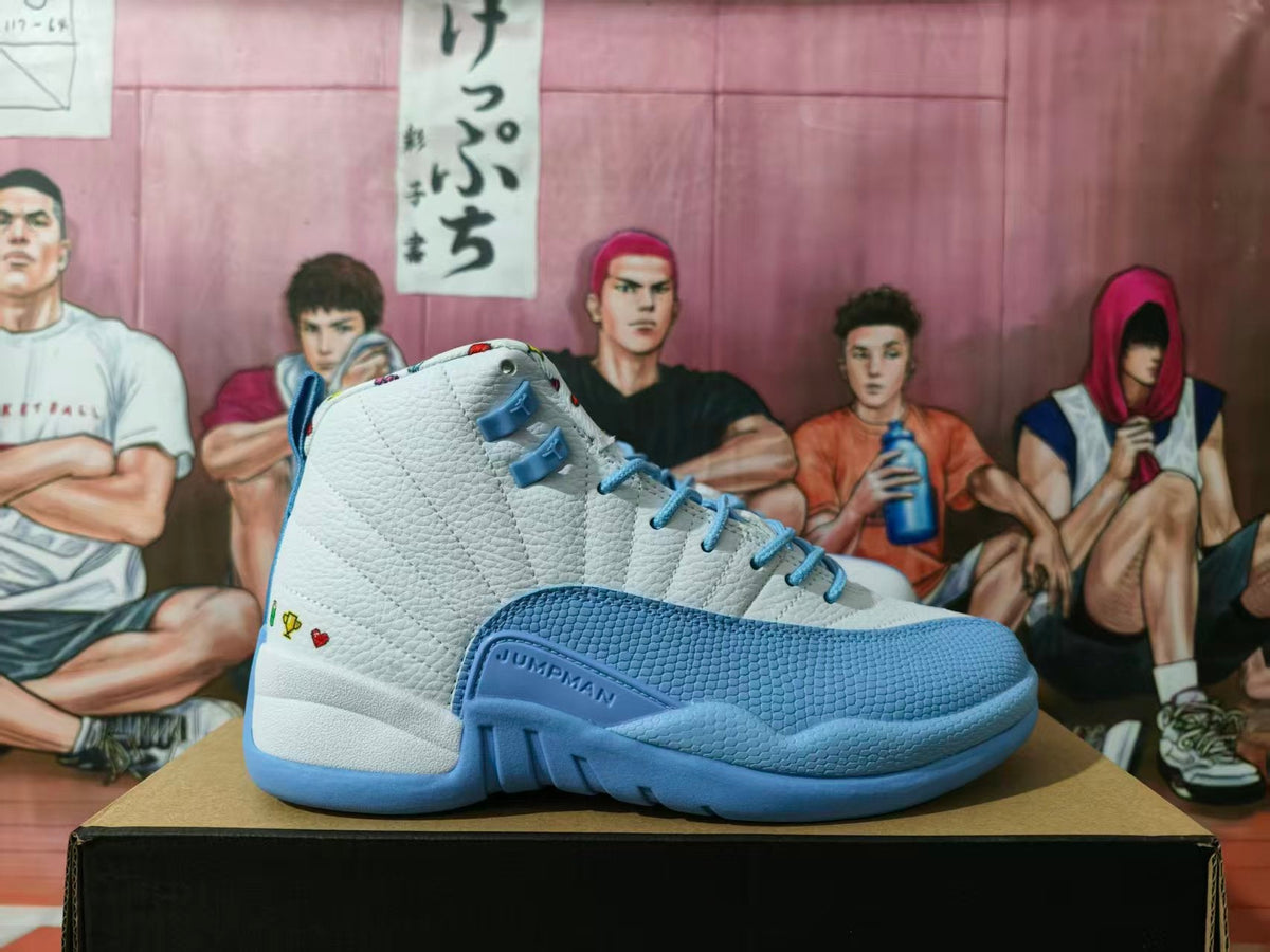 Jordan 12 Retro White and Blue Basketball Sneakers