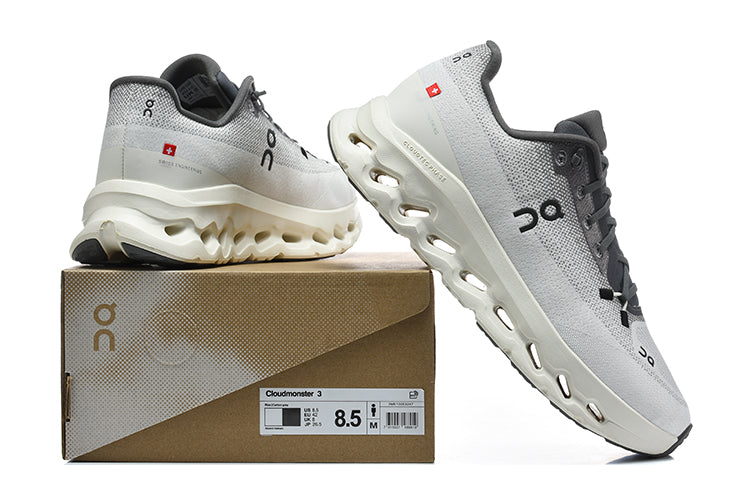 On Cloudmonster 3 Running Shoes, White and Grey