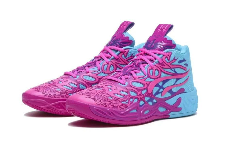 Pink and Blue High-Top Basketball-Style Sneakers
