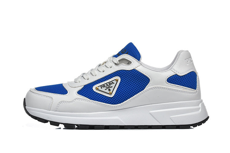 Prada White and Blue Low-Top Lace-Up Sneakers