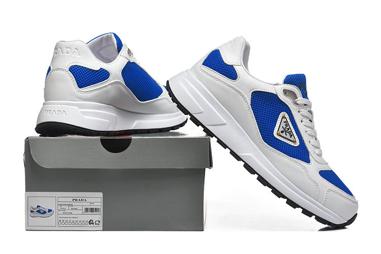 Prada White and Blue Low-Top Lace-Up Sneakers