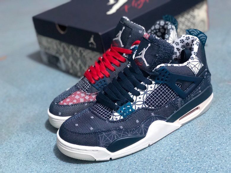 Jordan 4 Sashiko-Style Embroidered Sneakers Navy Red